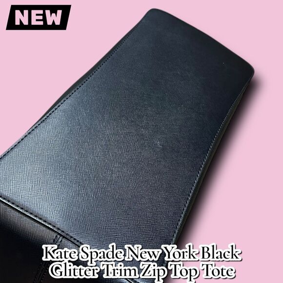 New NWT Kate Spade New York Black Glitter Trim Zip Top Tote Bag Purse - Picture 8 of 10